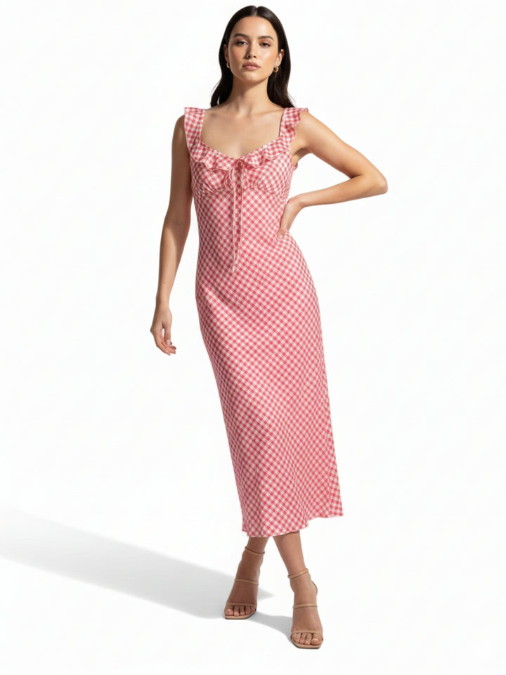 Red Checkered Ruffle Detailed Midi Dress