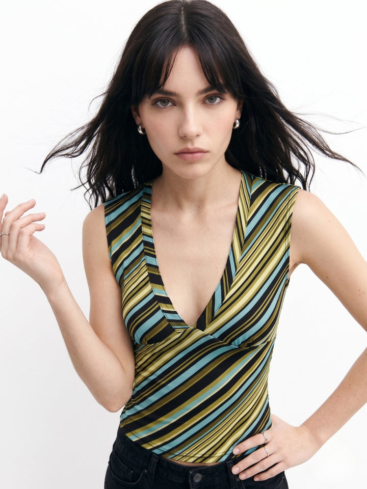 Multi Striped V Neck Sleeveless Top