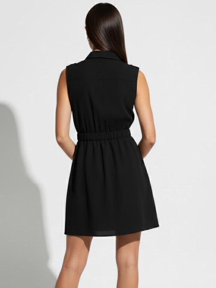 Black Waist Tie-Up Collared Dress