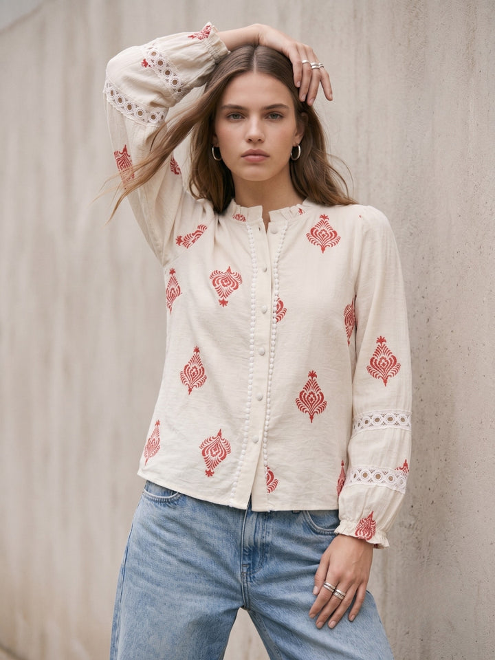 Off White High Neck All Over Printed Blouse