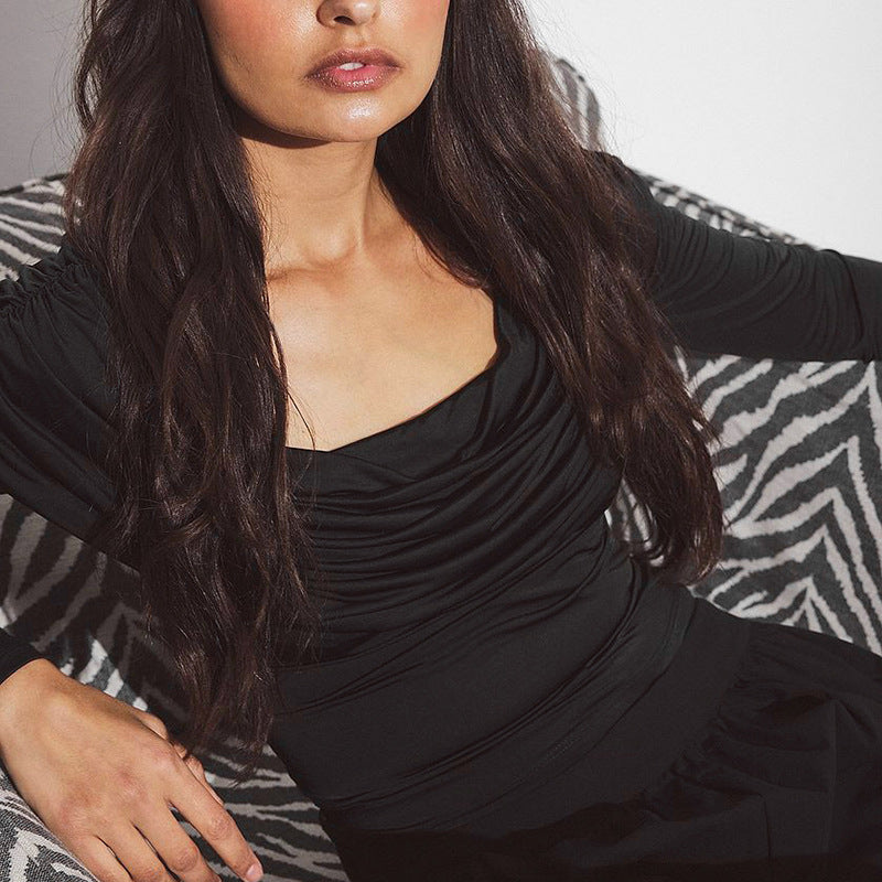 Black Full Sleeve Cowl Neck Fitted Top