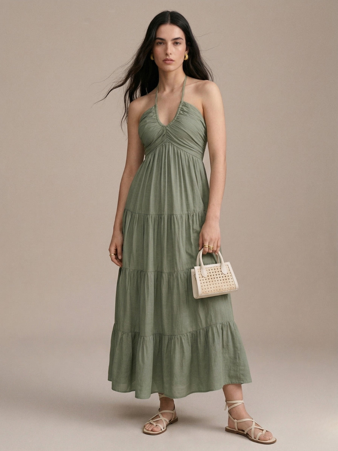 Olive Halter Neck Tiered Dress