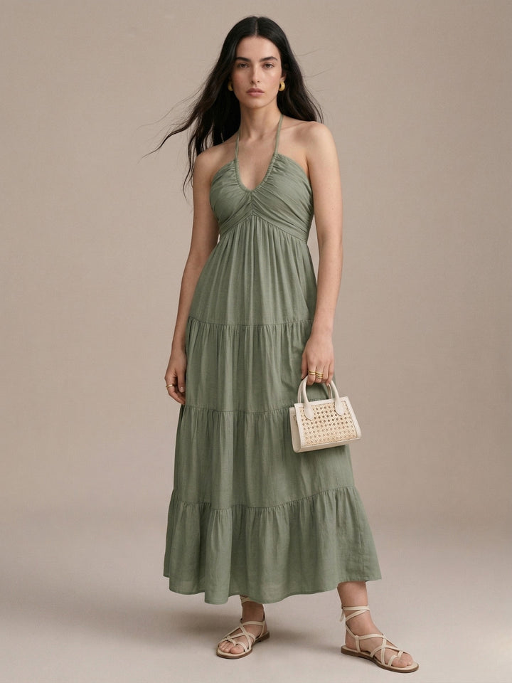 Olive Halter Neck Tiered Dress