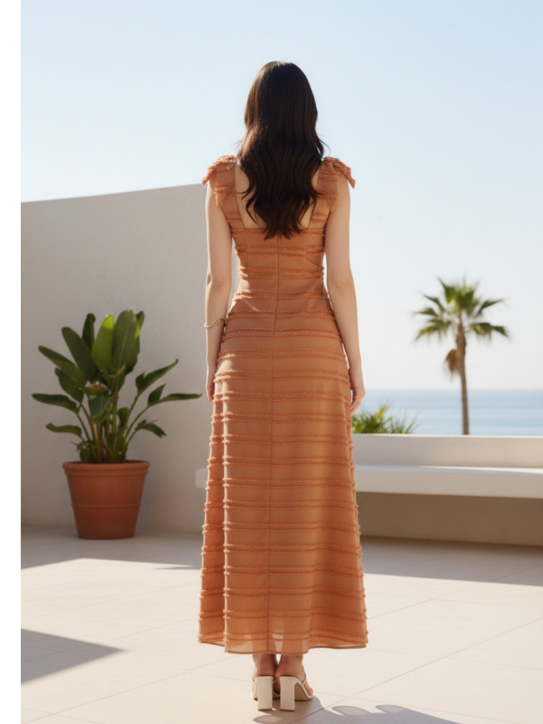 Orange Shoulder Tie-Up Textured Dress