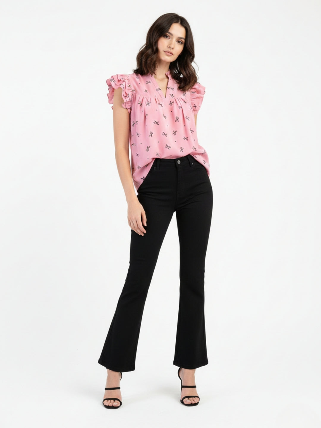 Pink Ruffle Sleeve Printed Top