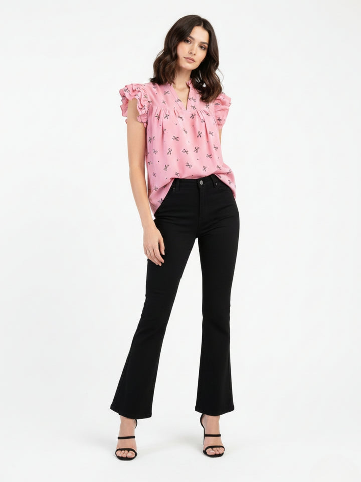 Pink Ruffle Sleeve Printed Top