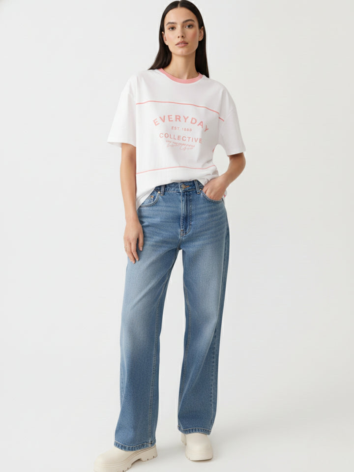 Pink Oversized T-Shirt With Graphic And Cut & Sew Highlights