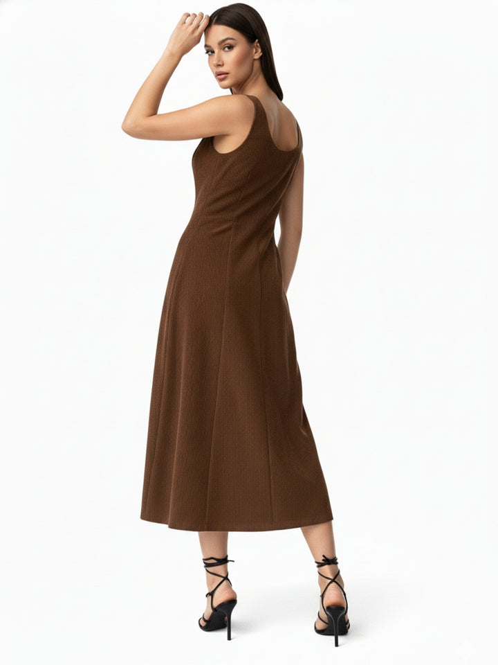 Brown Textured Buckle Strap Dress