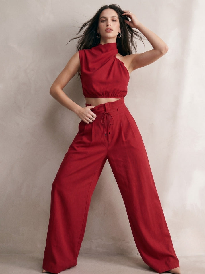 Red Asymmetrical High Neck Top with Wide Straight Pant Co-Ord Set