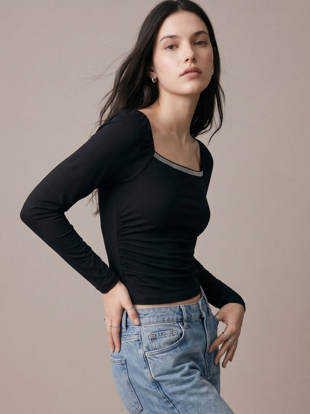 Black Square Studded Neck Top With Sheer Sleeves