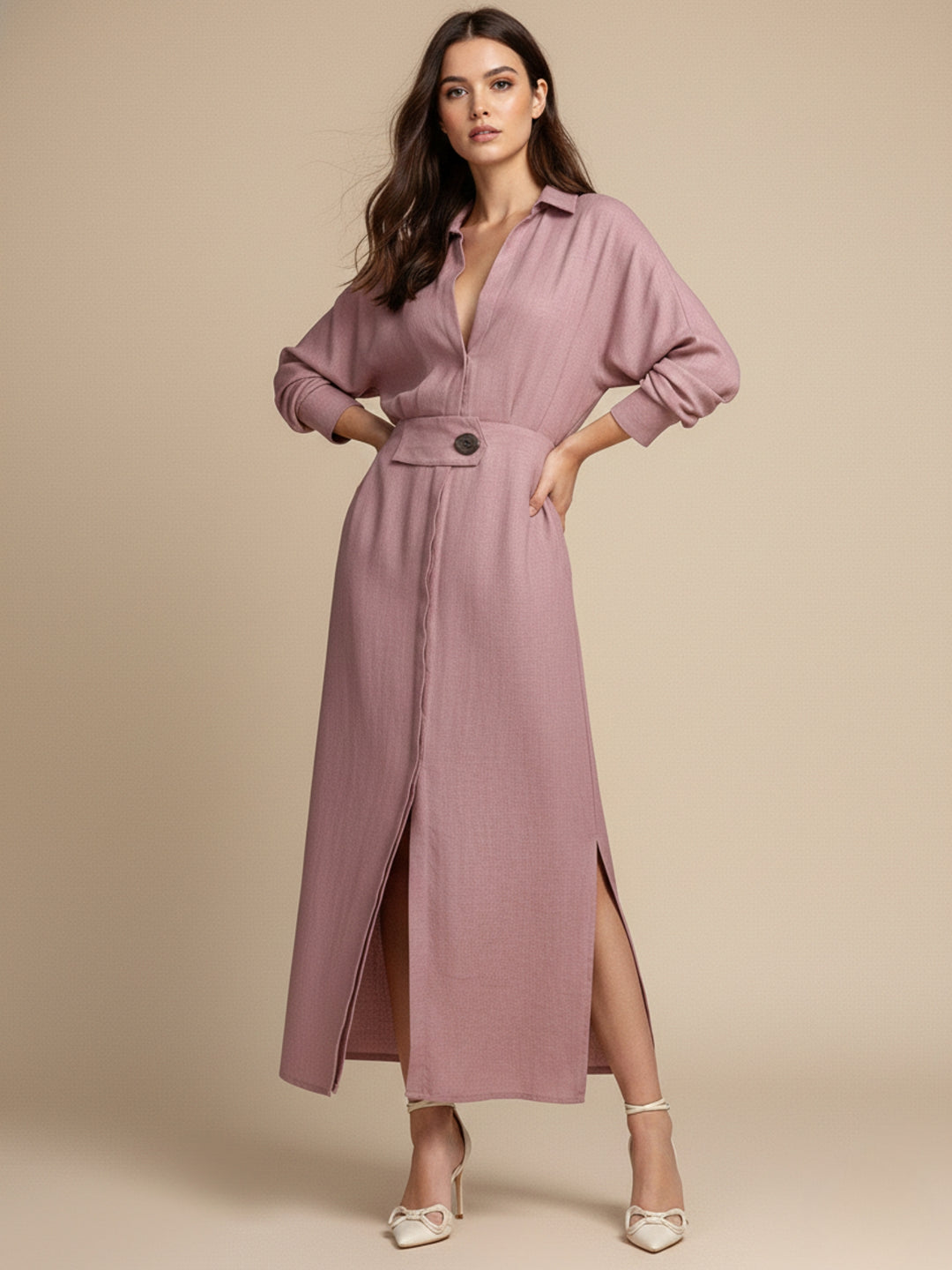 Pink Maxi Shirt Dress With Side Slit