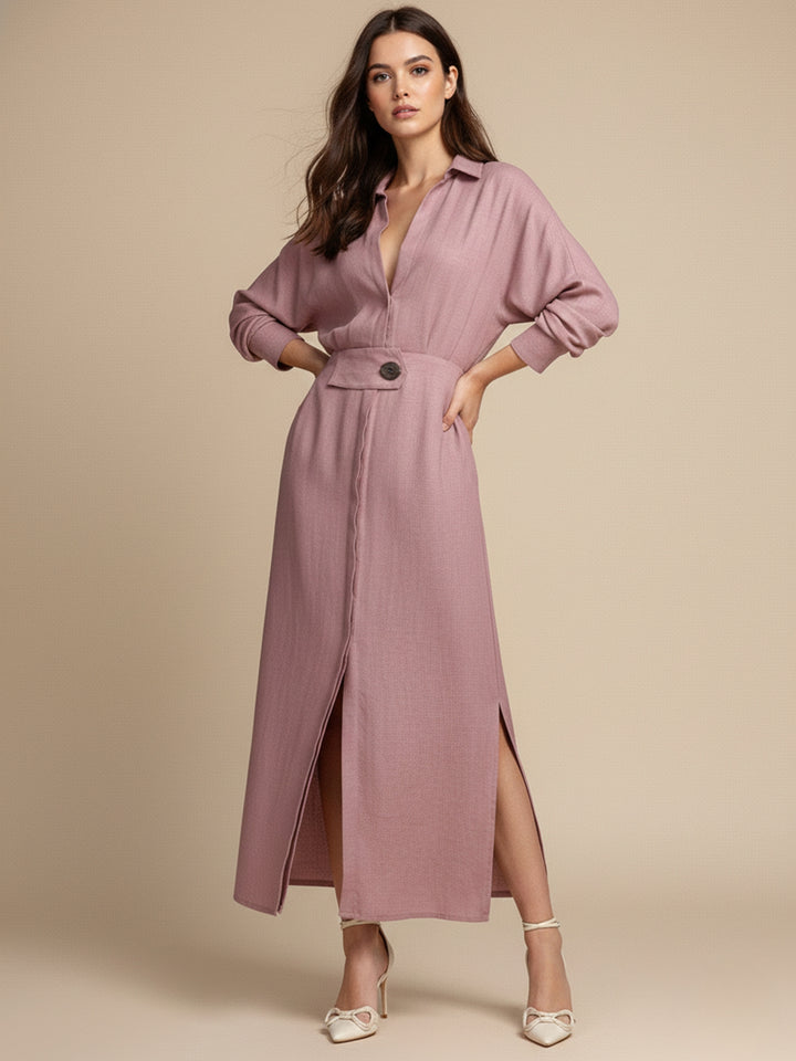 Pink Maxi Shirt Dress With Side Slit