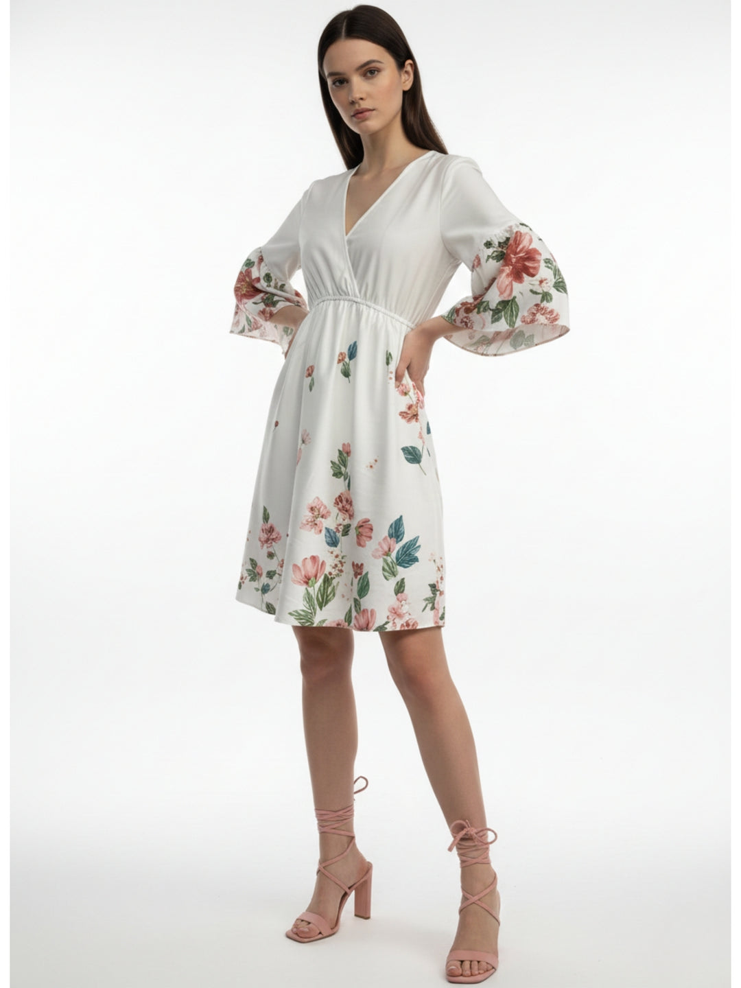 White Floral Printed V Neck Dress