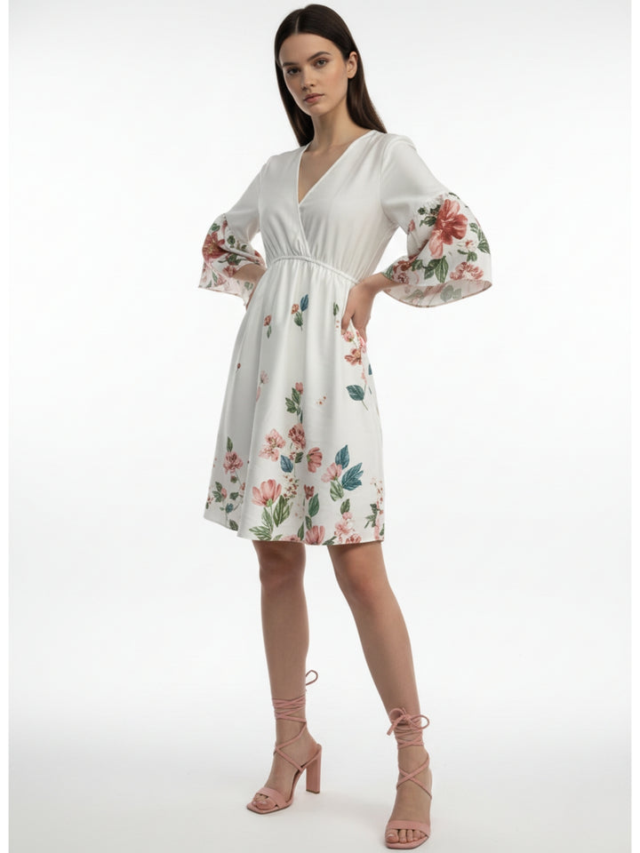 White Floral Printed V Neck Dress