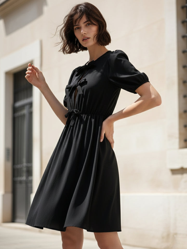 Black Puff Sleeve Front Knot Dress
