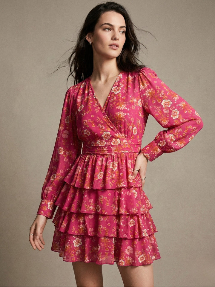 Pink Elegant Floral Layered Ruffle Hem Dress