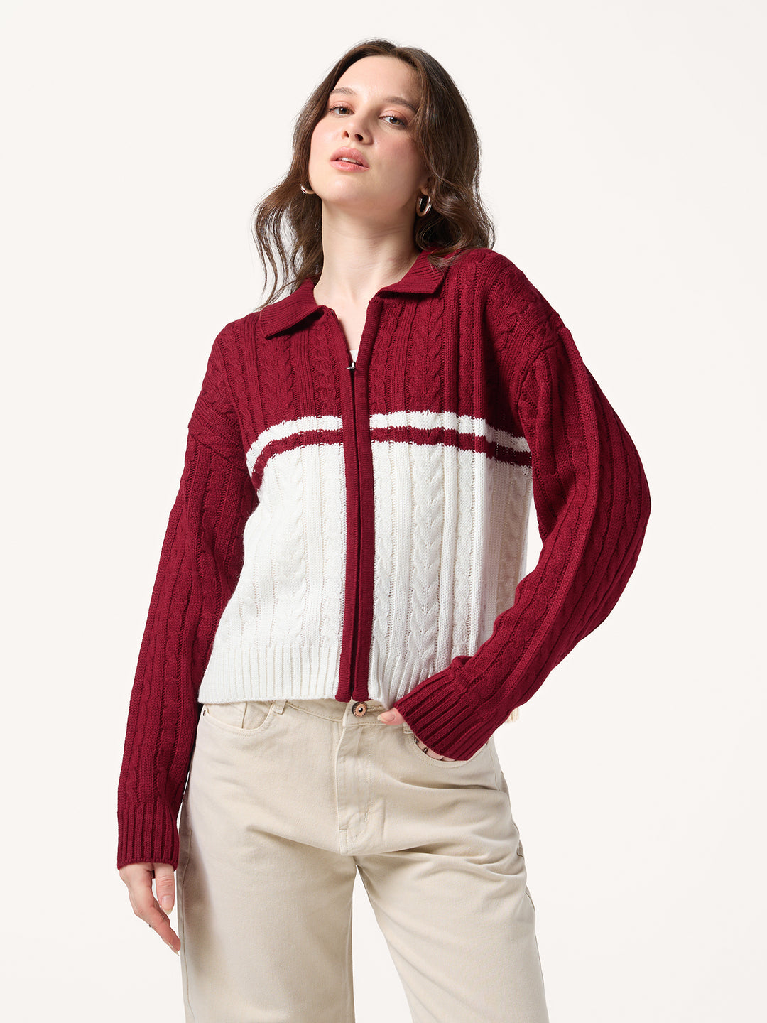 Red Colourblock Chunky Cardigan