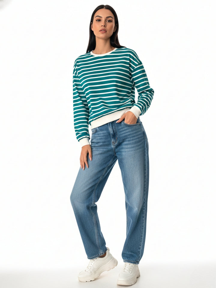 Teal Striped Crew Neck Sweatshirt