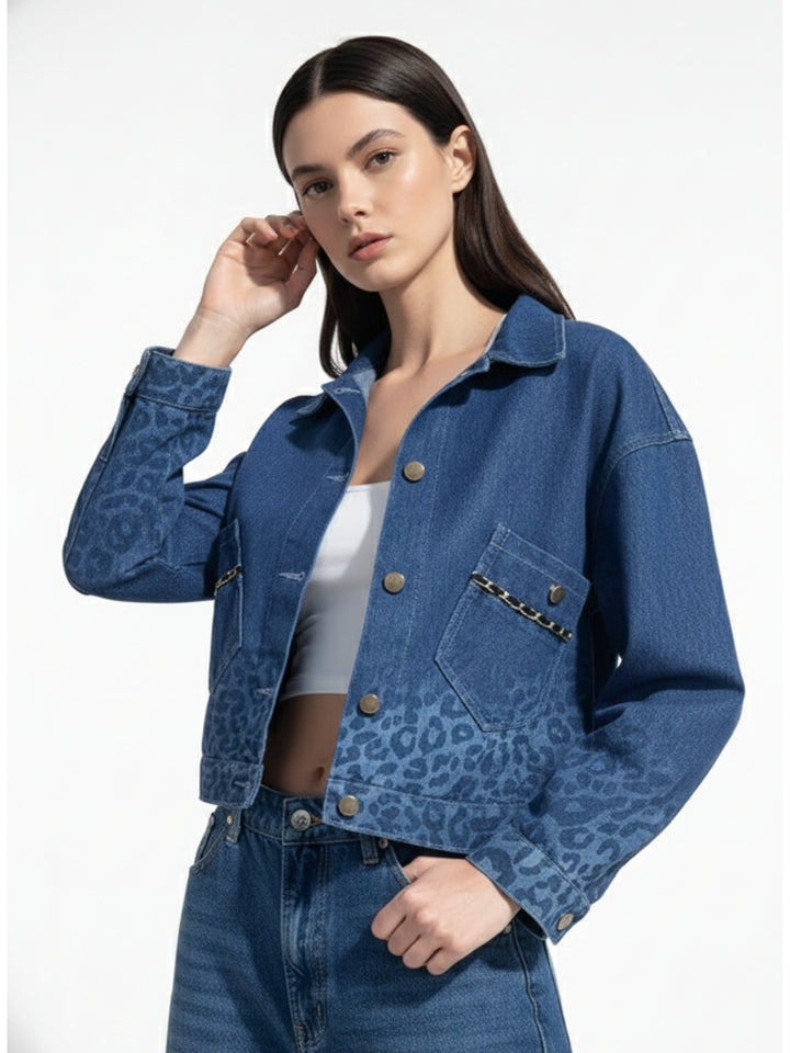 Navy Blue Printed Monochrome Denim Jacket