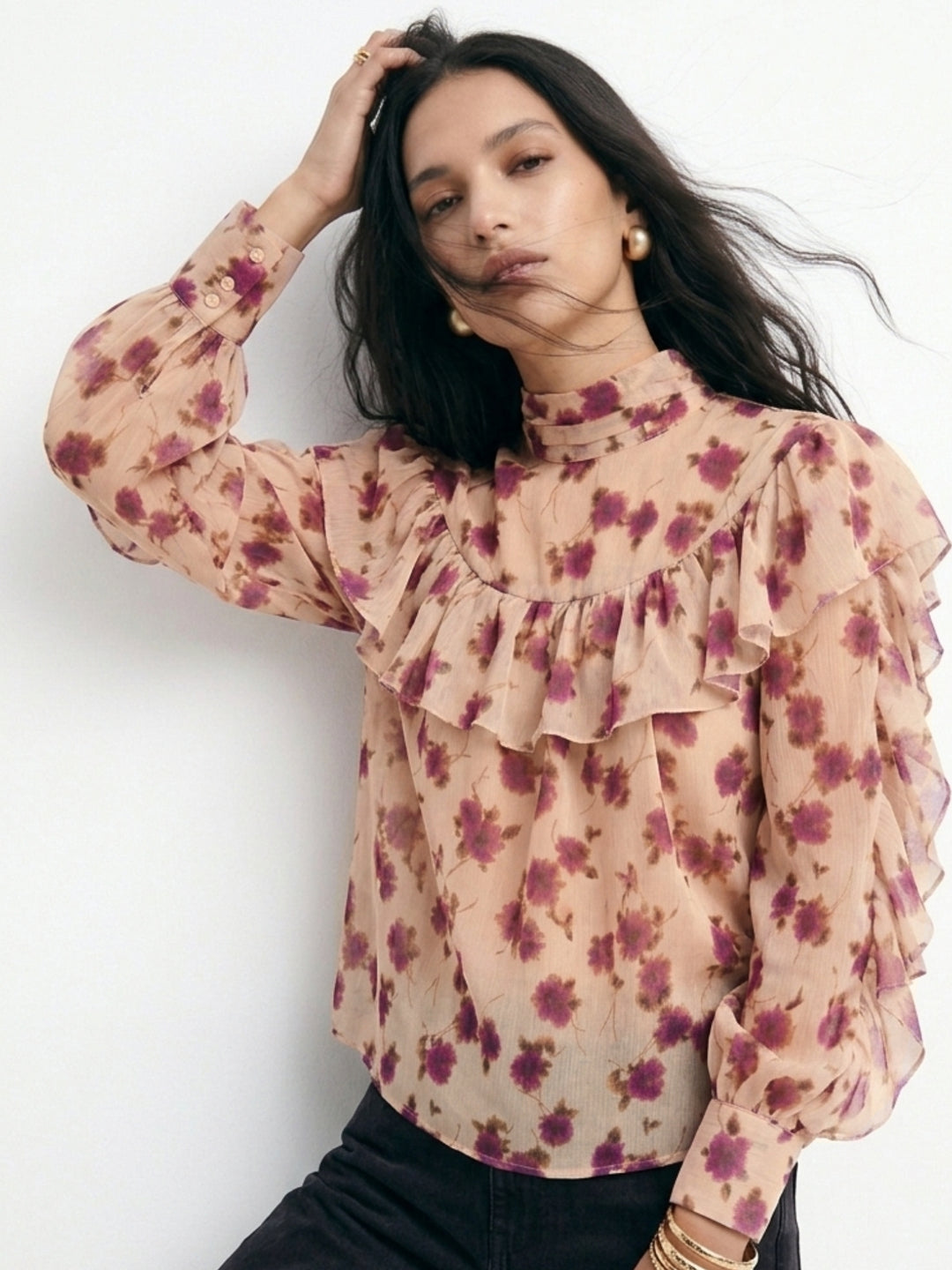 Beige Ruffle Detail Floral Printed Blouse