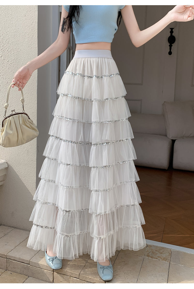 White Solid Tiered Skirt With Tonal Borders