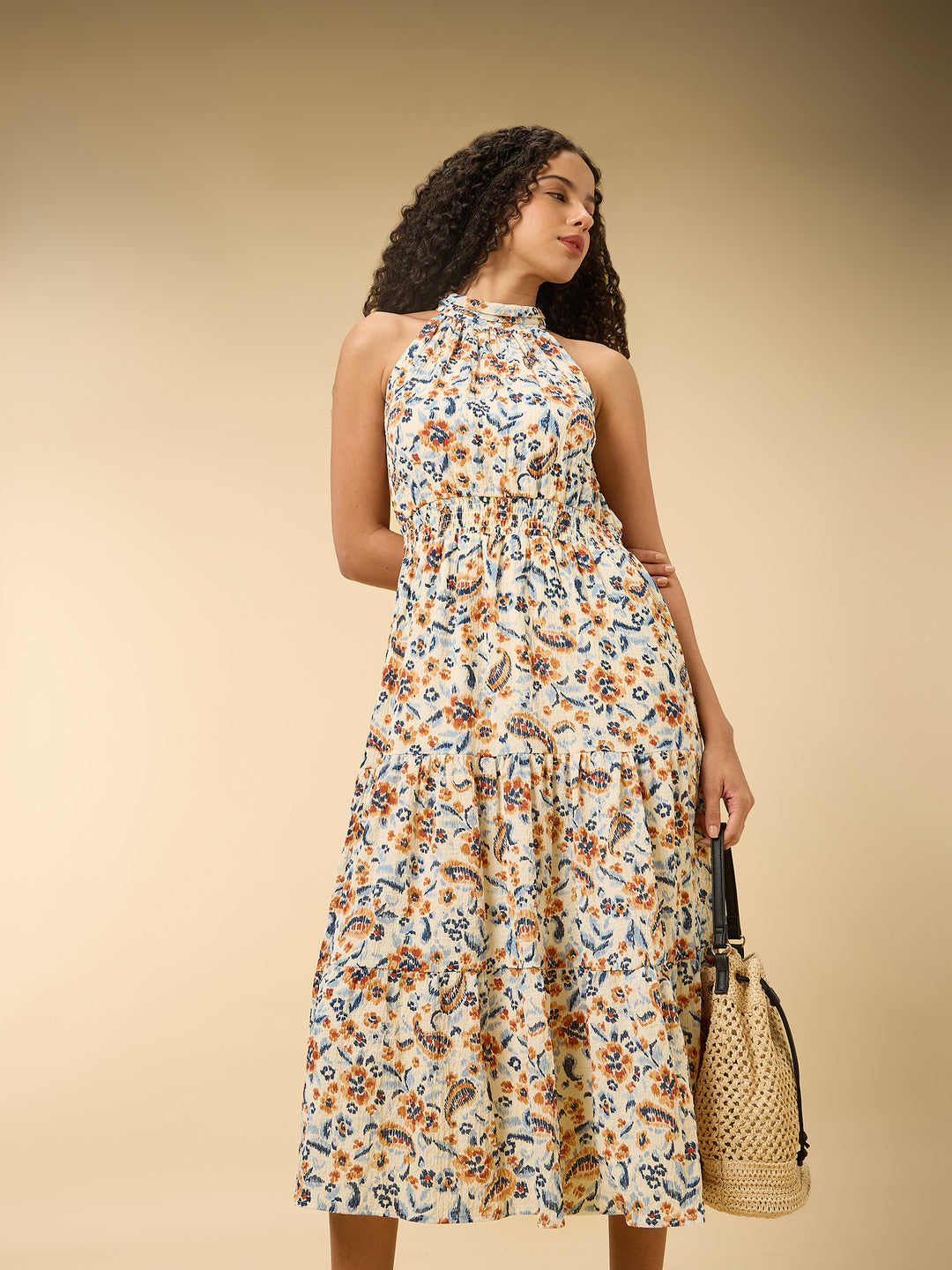Multi Halter Neck Gathered Dress