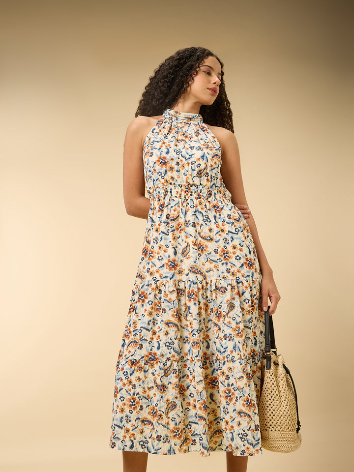 Multi Halter Neck Gathered Dress