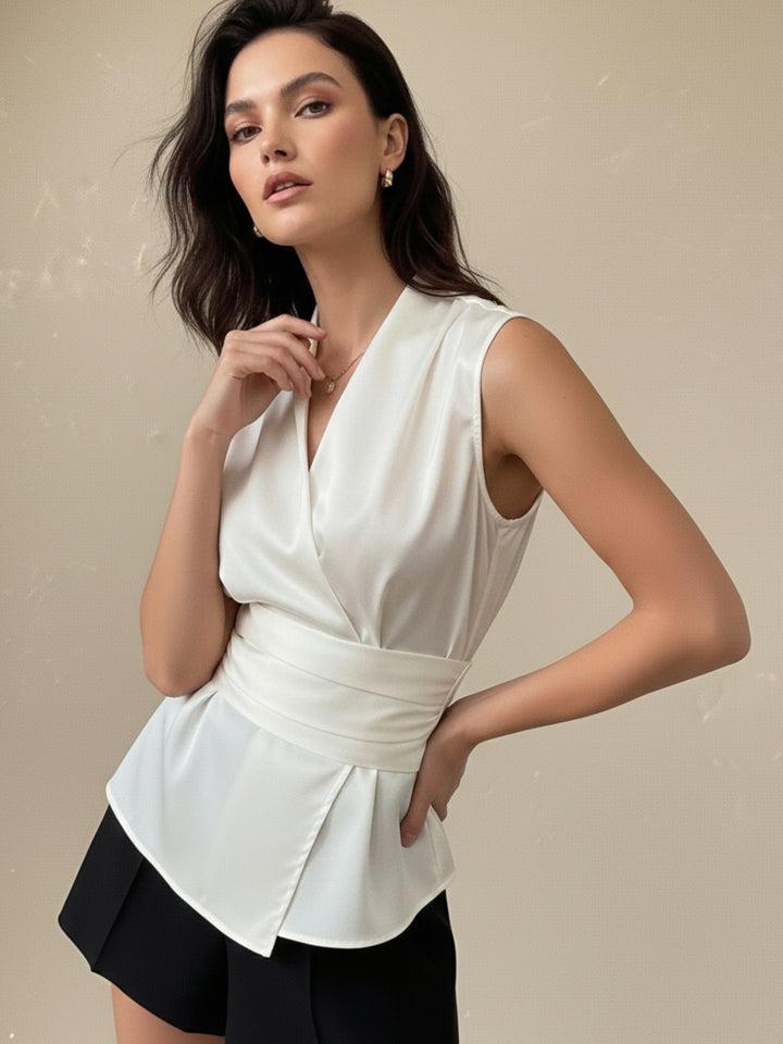 White High Neck Criss Cross Wrap Blouse
