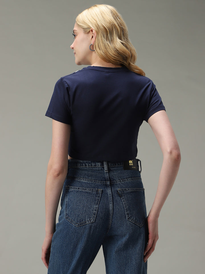 Navy Blue Varsity Graphic Cropped T-Shirt