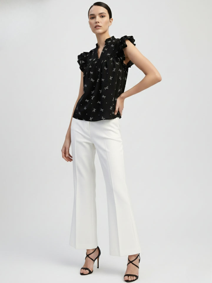 Black Ruffle Sleeve Printed Top