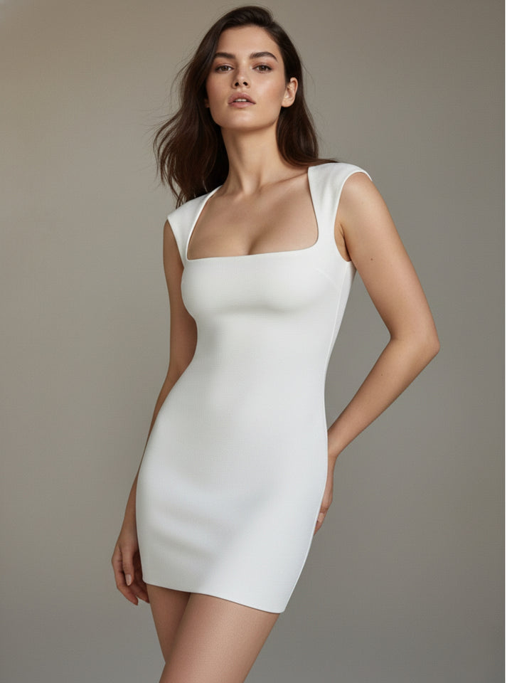 White Square Neck Fitted Dress