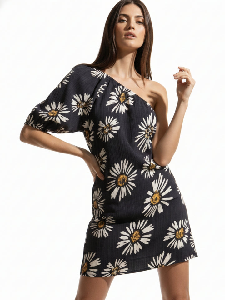 Black One Shoulder Foral Mini Dress