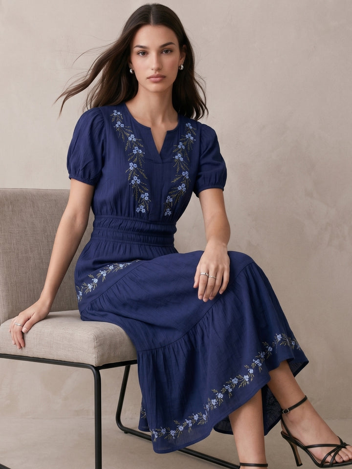 Navy Blue Embroidered V-Neck Short Sleeves Dress
