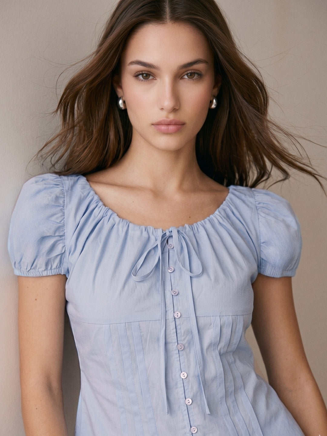 Blue Tie-Up Neck Puff Sleeve Top