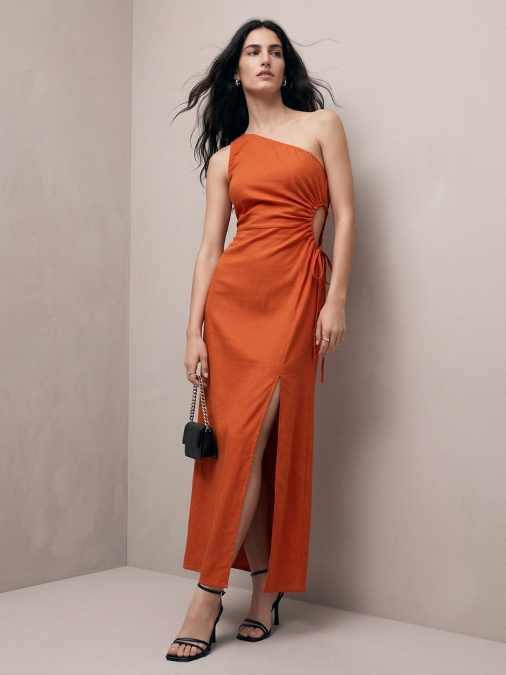 Rust One Shoulder Dress With Slit And Side Tie Up Detail