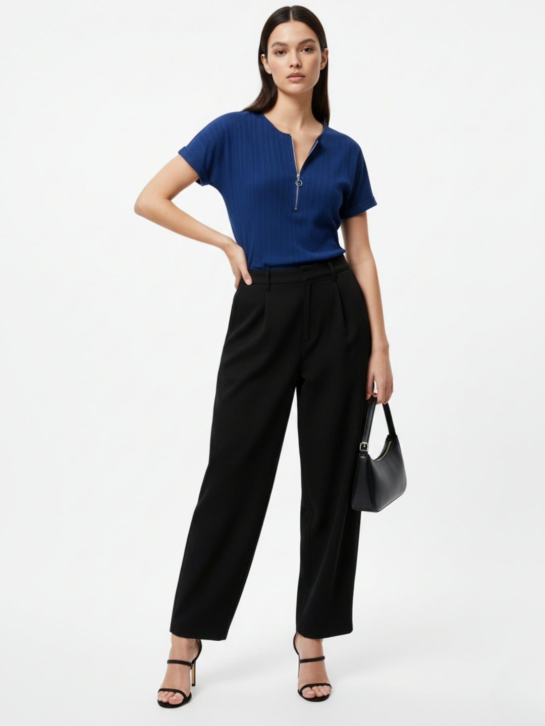 Blue Extended Shoulder Top With Front Zipper Detail