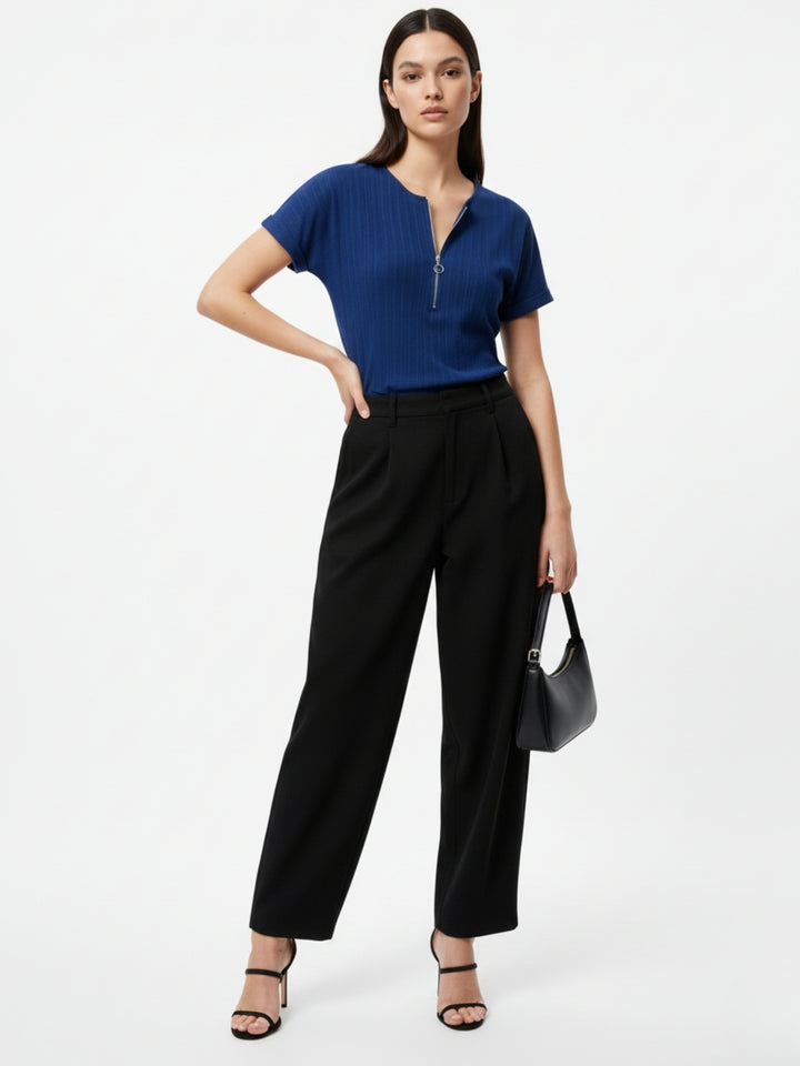 Blue Extended Shoulder Top With Front Zipper Detail