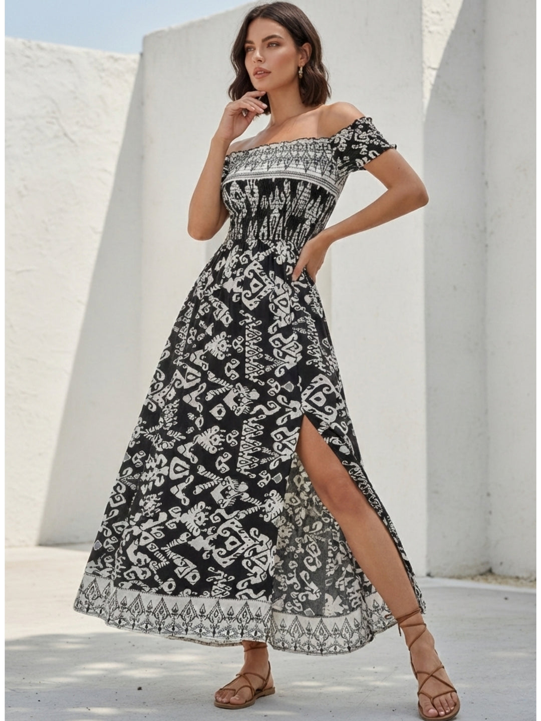 Black Off Shoulder Printed Dress