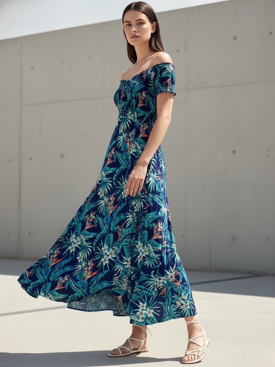 Blue Off Shoulder Printed Dress
