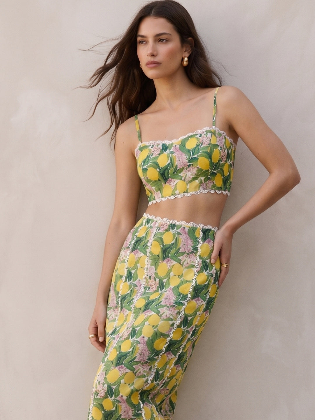 Green Floral Printed Top And Skirt Set