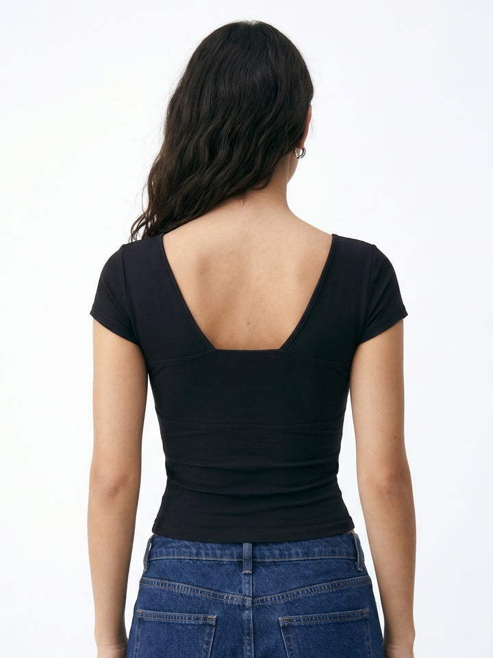 Black Slim Plunge Neck Cap Sleeve Top