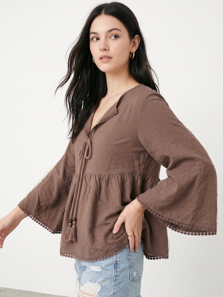 Brown Full Sleeve V Neck Relaxed Dress