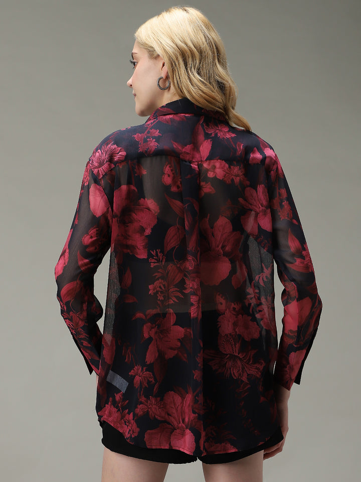 Black Floral Printed Longline Shirt