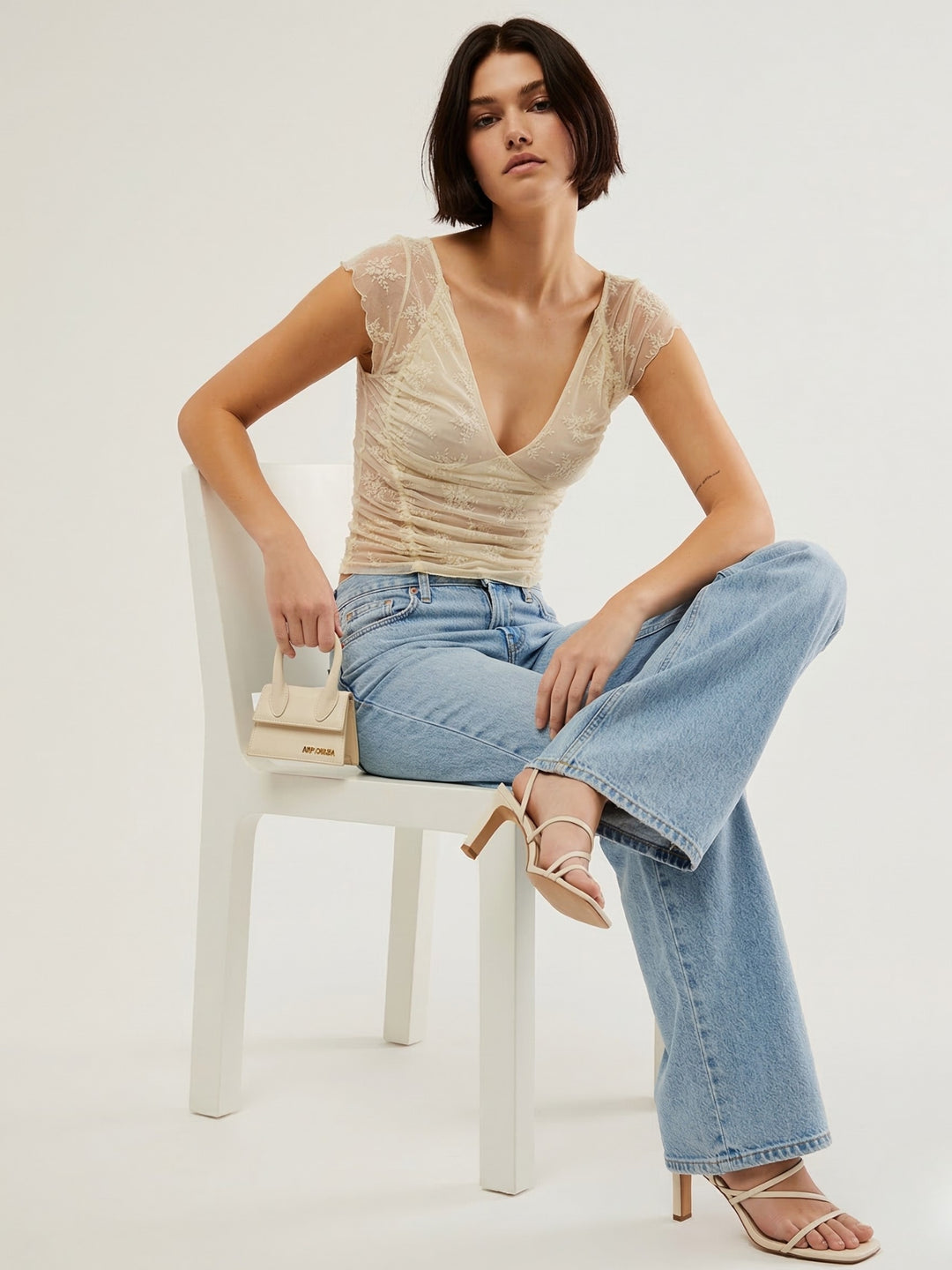 Cream Short Sleeve Lace Detail Top