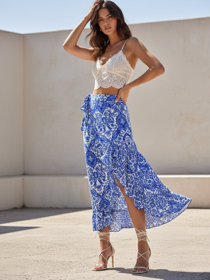 Blue High Waist Printed Wrap Skirt