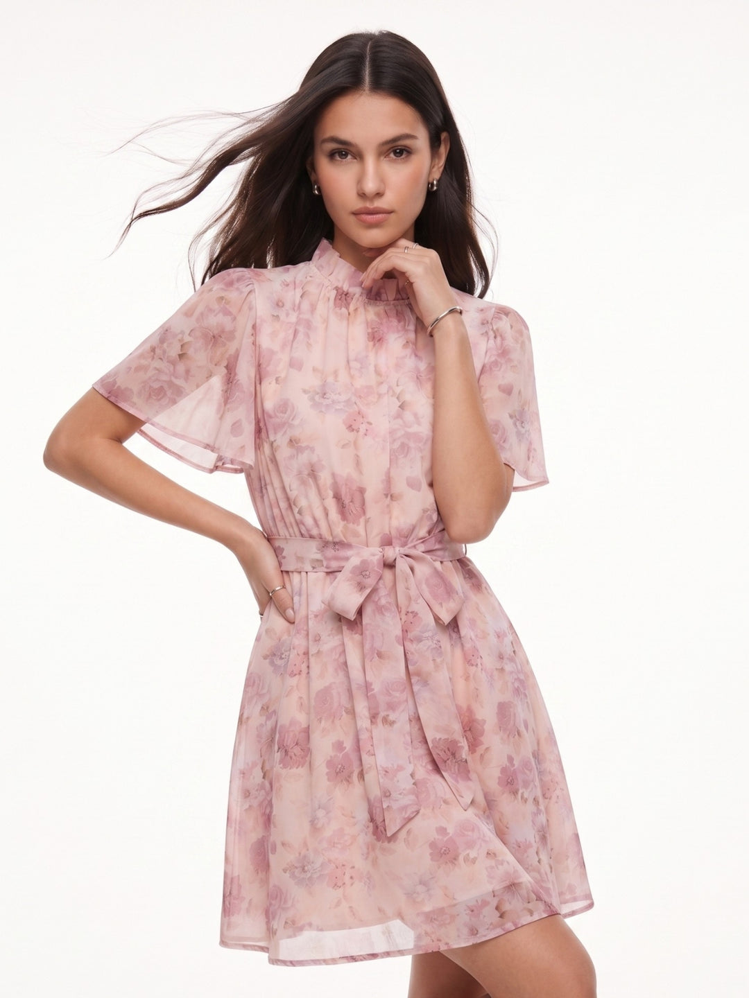 Pink Flare Sleeve Printed Dress