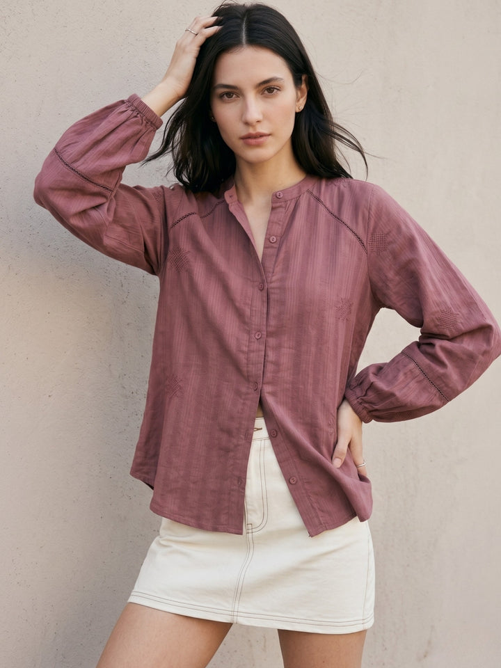 Purple Relaxed Fit Long Sleeves Embroidered Shirt