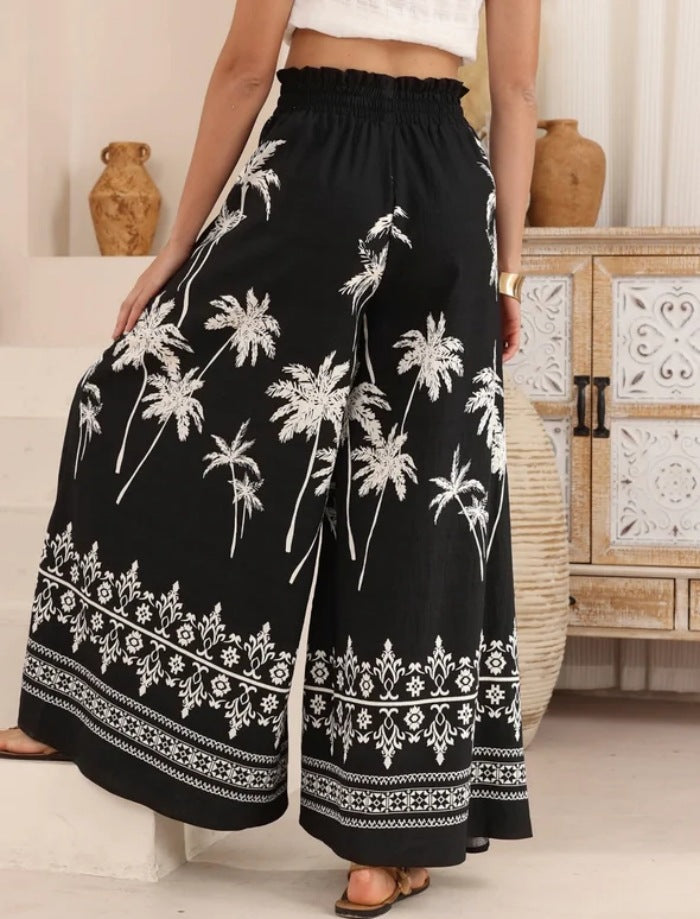 Black Paper Bag Waistband Printed Trousers
