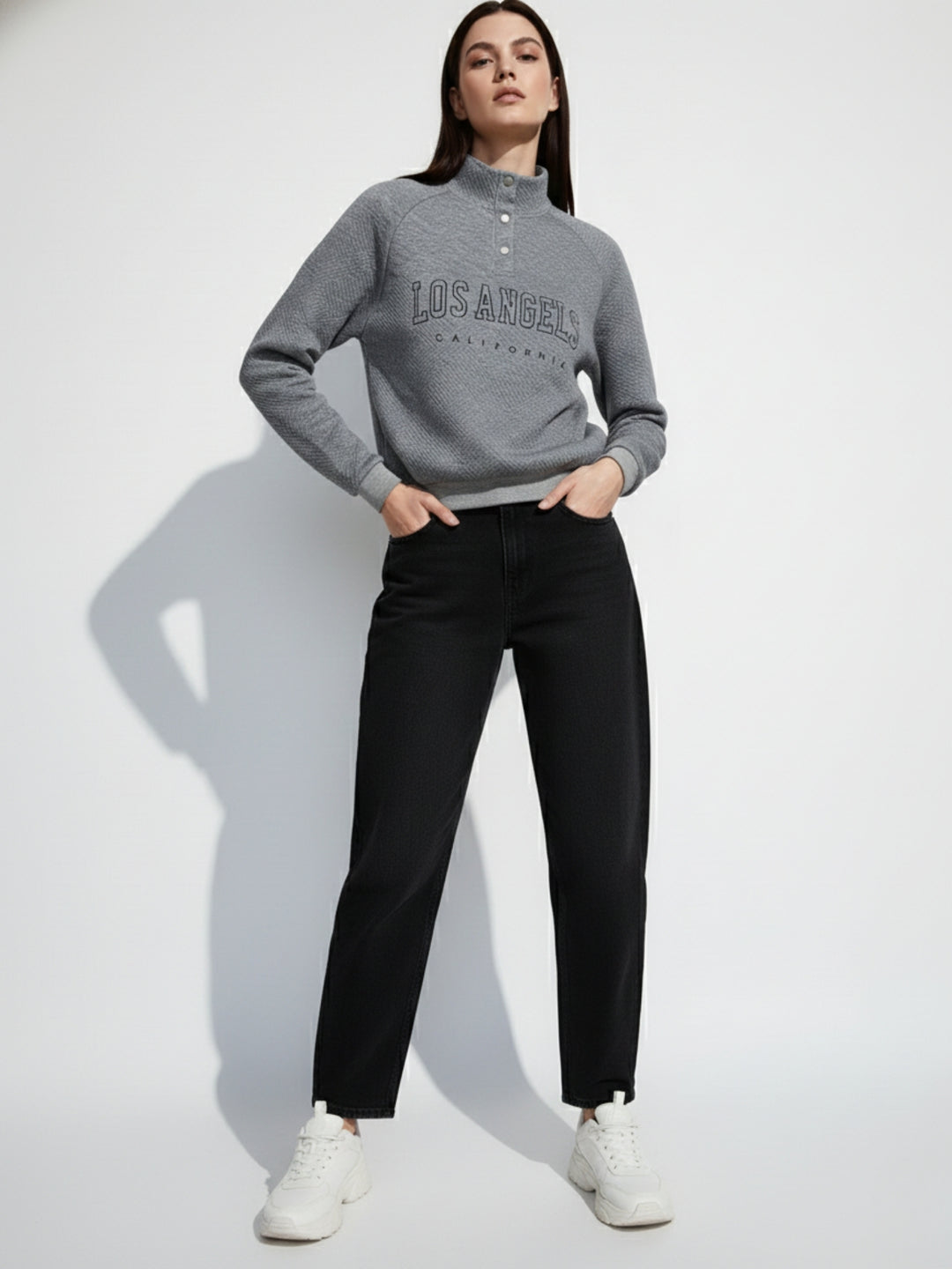 Grey Typography Half Buttoned Sweatshirt