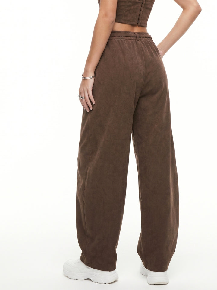 Brown High Waist Attached Drawstring Baggy Pant